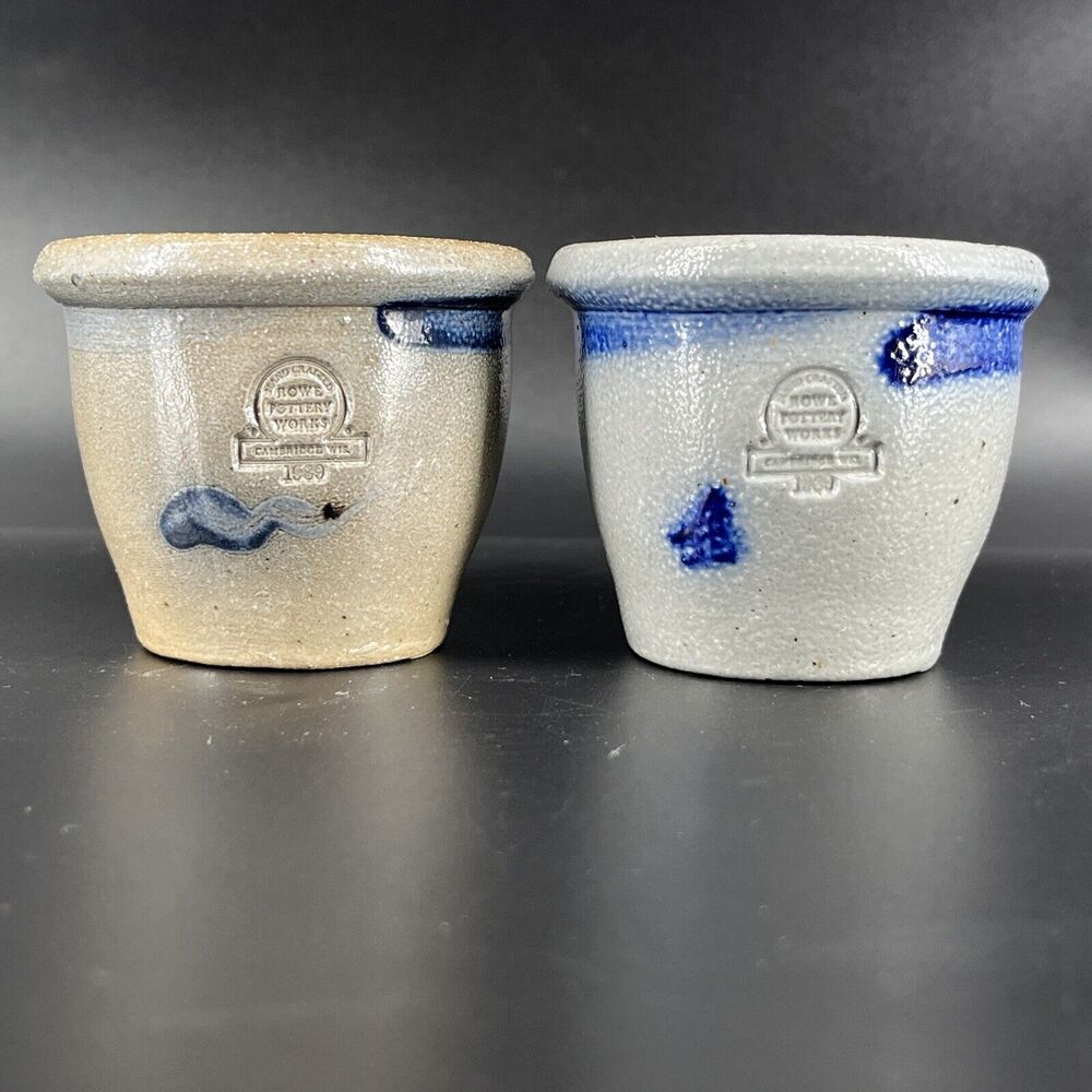 Vintage Rowe Pottery Works Set of 2 Small Mini Crock Cobalt Salt Glaze 1989